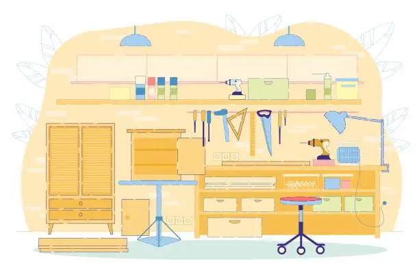 Vector illustration of Woodwork or Furniture Workshop Interior Equipment.