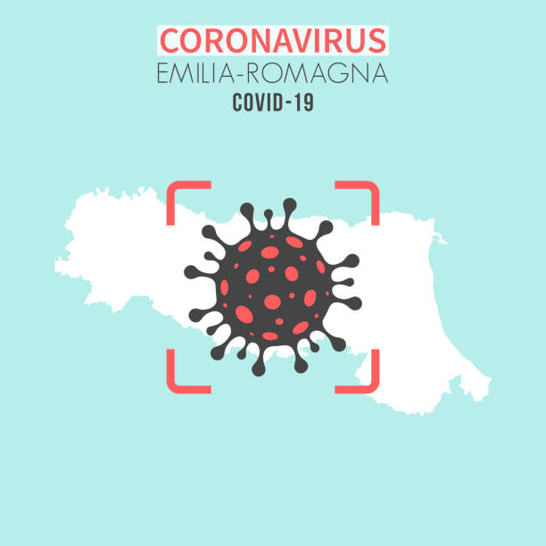 illustrazioni stock, clip art, cartoni animati e icone di tendenza di mappa dell'emilia-romagna con una cellula coronavirus (covid-19) nel mirino rosso - romagna