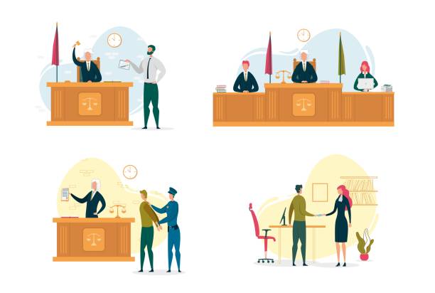 ilustrações de stock, clip art, desenhos animados e ícones de judge and jury in courtroom, criminal procedure. - lawsuit