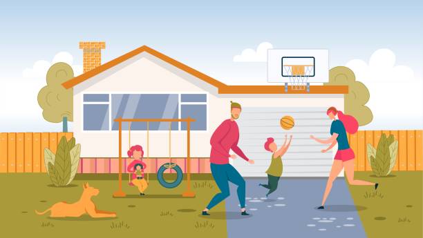 szczęśliwa rodzina gra w piłkę na podwórku w domu - basketball little boys male young adult stock illustrations