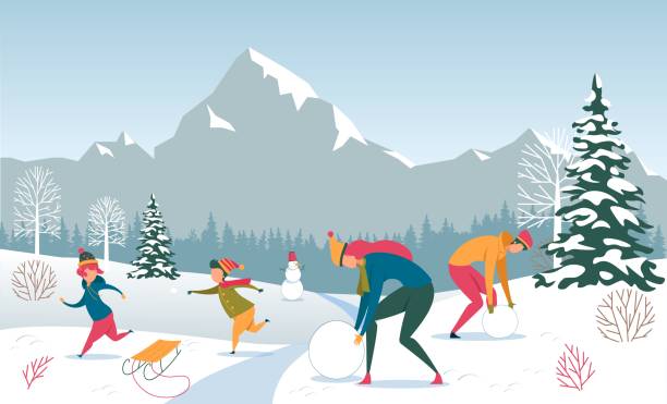 휴가에 숲에서 가족 겨울 야외 재미 - snowman snowball men christmas stock illustrations