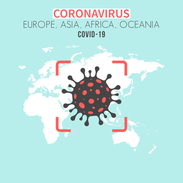 istock Europe, Asia, Africa, Oceania map with a coronavirus cell (COVID-19) in red viewfinder 1212992130