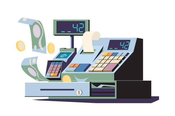 cashbox z ekranem dotykowym i terminalem płatniczym - cash box stock illustrations