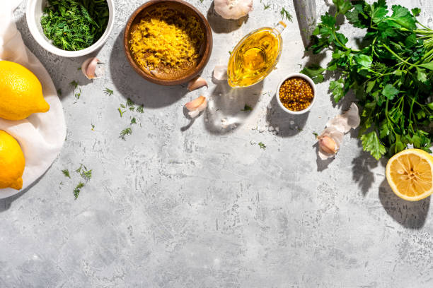 ингредиенты для приготовления соуса или заправки для салатов. - light vegetarian food garlic spice стоковые фото и изображения