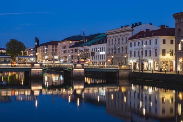 Panorama of Gothenburg at night. \nGothenburg, Vasstergotland and Bohuslan, Sweden.