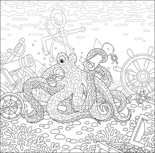 Octopus pirate with a map of a treasure island Sea corsair Octopi with a big wooden chest of gold from an old sunken ship among wreckage of a shipwreck on a coral reef, black and white vector cartoon illustration for a coloring book page treasure island map stock illustrations