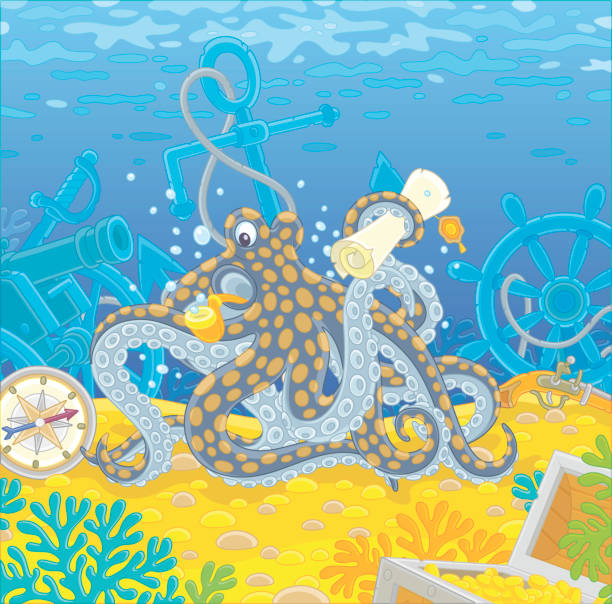 Octopus pirate with a map of a treasure island Sea corsair Octopi with a big wooden chest of gold from an old sunken ship among wreckage of a shipwreck on a coral reef, vector cartoon illustration treasure island map stock illustrations