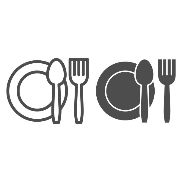 Cutlery set line and glyph icon. Plate dish with fork and knife symbol, outline style pictogram on white background. Food or household sign for mobile concept and web design. Vector graphics. Cutlery set line and glyph icon. Plate dish with fork and knife symbol, outline style pictogram on white background. Food or household sign for mobile concept and web design. Vector graphics lunch symbols stock illustrations