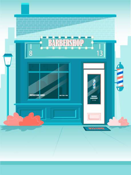 ilustrações, clipart, desenhos animados e ícones de edifício barbershop com vitrine na city street - small small business large business