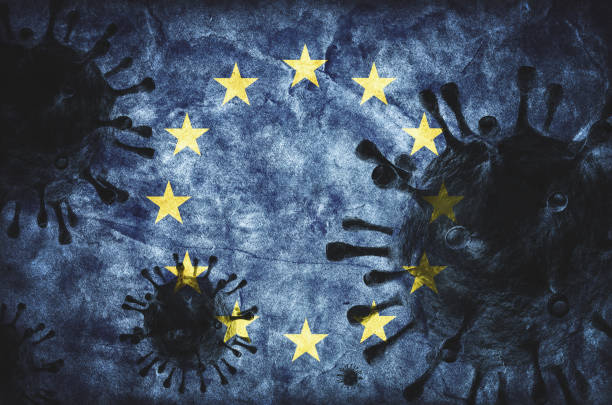 coronavírus contra bandeira grunge da união europeia. vírus causando epidemia - causing - fotografias e filmes do acervo