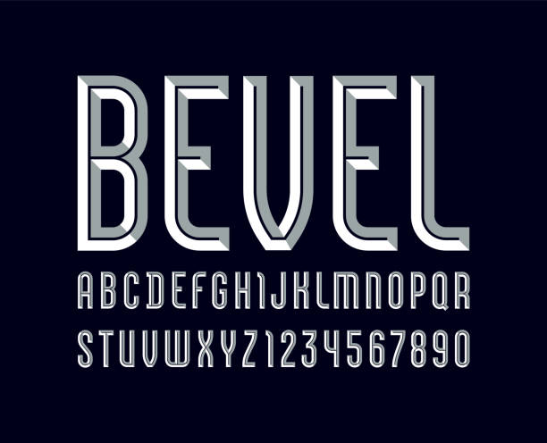 алфавит из точеного блока, серый красивый шрифт, скошенные буквы (а-з) и цифры (0-9), вектор 10eps - bevel stock illustrations