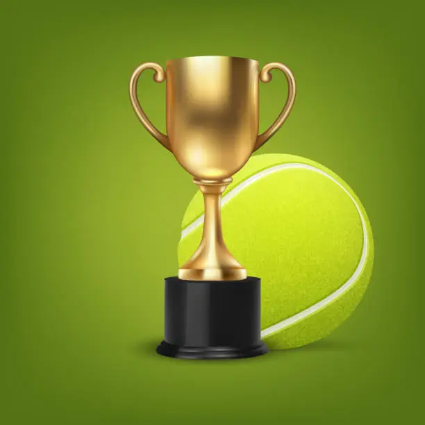 Vector illustration of Realistic Vector 3d Blank Golden Champion Cup with Tennis Ball Set Closeup on Green Background. Design Template of Championship Trophy. Sport Tournament Award, Gold Winner Cup and Victory Concept