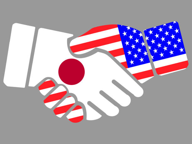 япония и сша флагов рукопожатие вектор - japan japanese ethnicity flag japanese flag stock illustrations