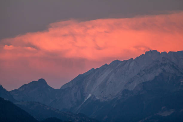 Beautiful red sunset in swiss mountains