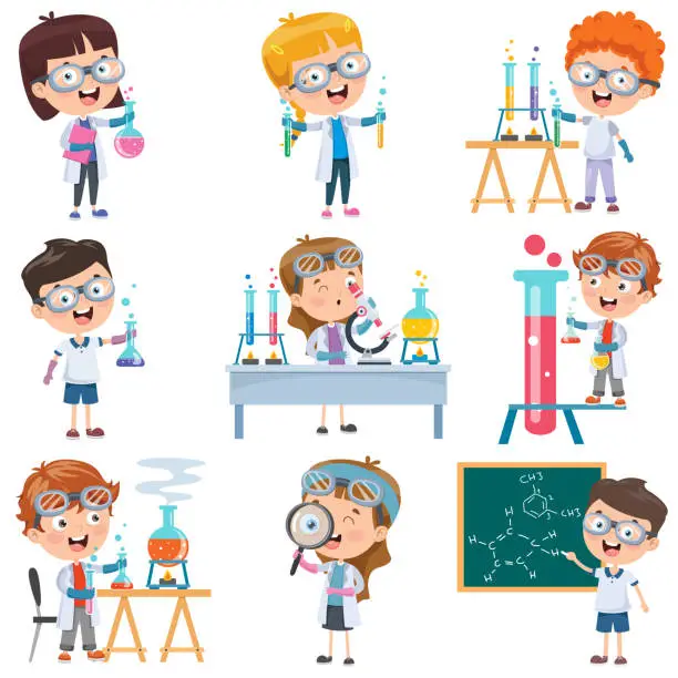 Vector illustration of Little Students Doing Chemistry Experiment