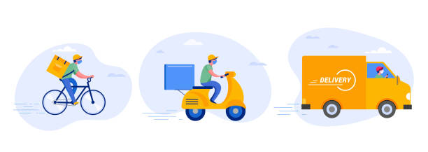 online teslimat hizmeti konsepti, online sipariş takibi, teslimat ev ve ofis. depo, kamyon, insansız hava aracı, scooter ve bisiklet kuryesi, solunum maskeli teslimatçı. vektör çizimi - kurye stock illustrations