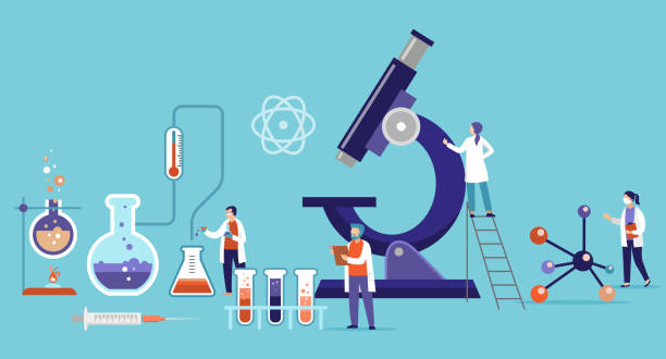 badania i rozwój leków w laboratorium, scenie. grupa naukowców w maskach oddechowych, lekarze pracujący w laboratorium. ilustracja wektorowa - microscope chemistry science laboratory stock illustrations