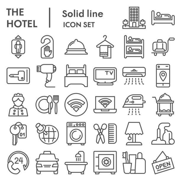 Hotel line icon set. Household signs collection, sketches, logo illustrations, web symbols, outline style pictograms package isolated on white background. Vector graphics. Hotel line icon set. Household signs collection, sketches, logo illustrations, web symbols, outline style pictograms package isolated on white background. Vector graphics hotel stock illustrations