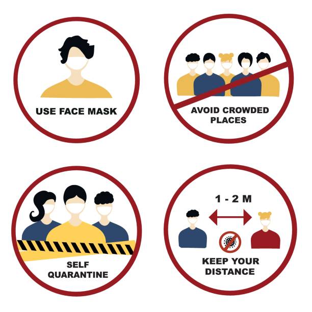 Quarantine Coronavirus  sign set. Covid-19, 2019-nCoV Novel Coronavirus, use face mask, avoid crowded places, keep distance, self  quarantine. Coronavirus Pandemic sign vector set. vector art illustration
