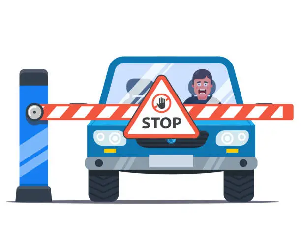 Vector illustration of a barrier blocks the way to the car. upset driver. stop sign