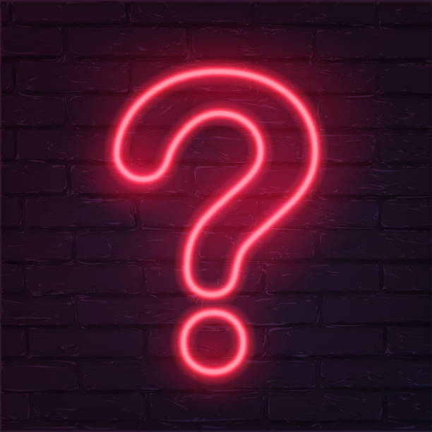 istock Neon red question mark on dark brick wall. Cinema, show, theatre, circus, casino design. Intellectual signs. Laser diode lamp. Night party pointer. Creative vector illustration. 1213011453