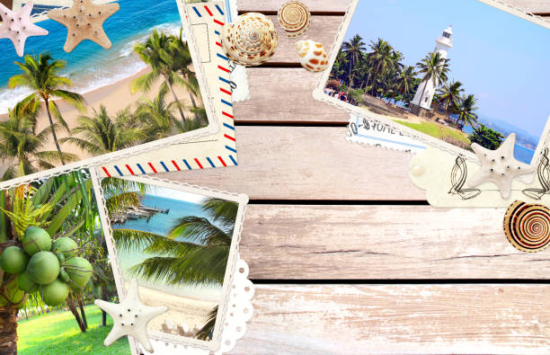 istock Vintage travel background with retro photos 1213012523