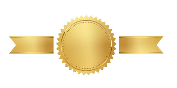 ilustrações, clipart, desenhos animados e ícones de carimbo dourado com fitas horizontais isoladas no fundo branco. selo de luxo. elemento de projeto vetorial. - gold medal medal certificate ribbon