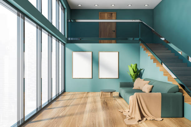 istock Blue living room with sofa and mock up posters 1213013841
