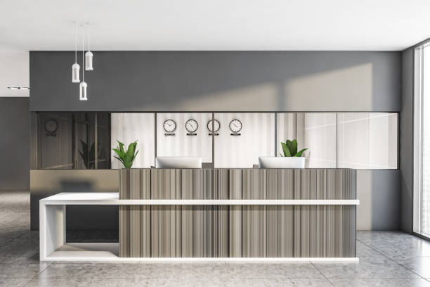 istock Gray international office interior with reception 1213014438