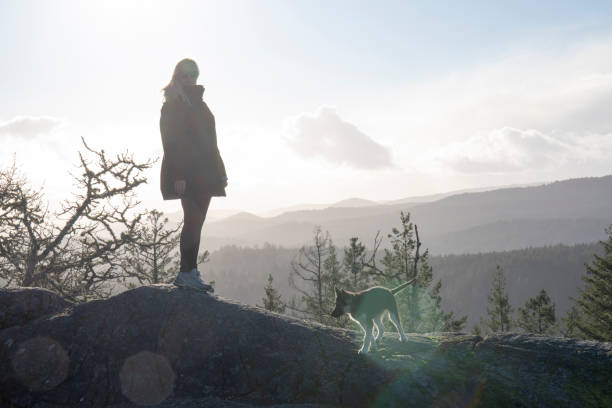 istock Female hiker pauses on mountain ridge 1213019327