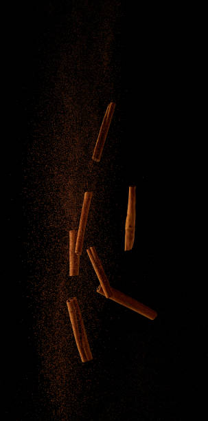 istock cinnamon sticks and powder falling on a black background. Food explosion, flight levitation. Creative concept 1213019342