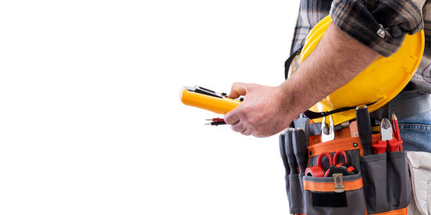 istock Electrician with tool belt on a white background. Electricity. 1213019440