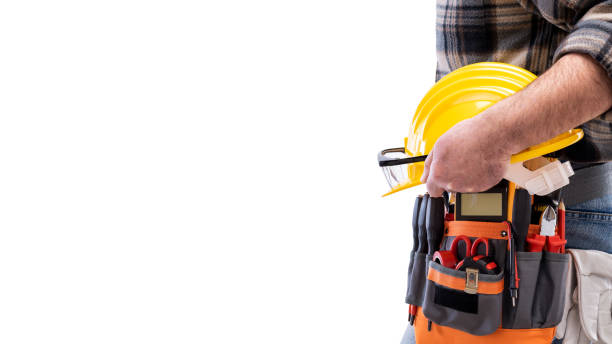 istock Electrician with tool belt on a white background. Electricity. 1213019516