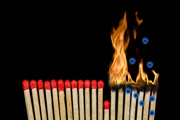 istock coronavirus, burning matches sticks, stop burning chain 1213019674
