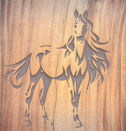 High quality wood panel tile with beautiful carved horse for wall  decoration, 3d illustration. - Illustration
