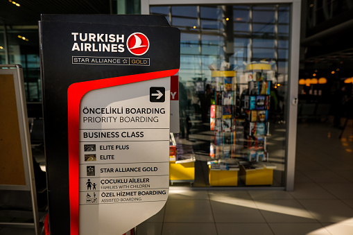 Otopeni, Romania - February 25, 2020: Turkish Airlines commercial inside  Henri Coanda International Airport, near Bucharest, Romania.