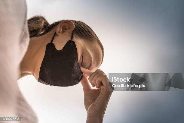 Closeup Of Tired Stressed Woman Wearing Face Mask Coronavirus Concept Stock Photo - Download Image Now