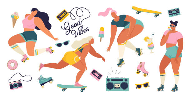Roller skating girls with record player dancing on the street illustration in vector. Girl power concept poster with inspirational text quote dance, babe. Roller skating girls with record player dancing on the street illustration in vector. Girl power concept poster with inspirational text quote dance, babe. roller skating stock illustrations