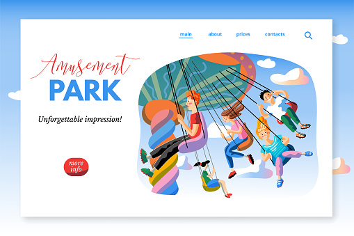 Amusement park sitepage template. Kids on swing ride flat vector illustration. Cheerful boys and girls cartoon characters. Happy little children ride on swinging carousel, fast spinning attraction