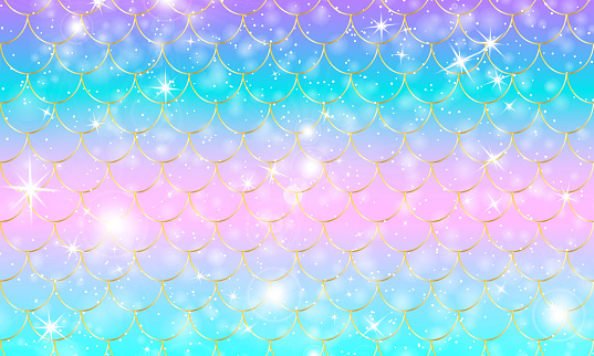 Mermaid scales. Fish squama. Kawaii pattern. Watercolor holographic stars. Rainbow background. Color vector illustration. Scale print.