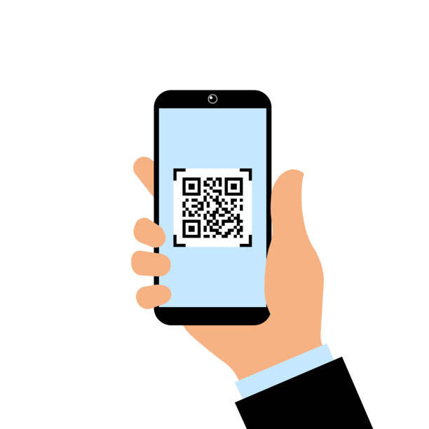 smartphone with a QR code on the screen. vector. smartphone with a QR code on the screen. vector illustration. hand holding a modern phone to scan the QR code. hand holding phone stock illustrations