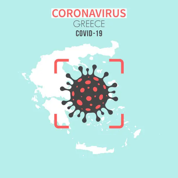 Vector illustration of Greece map with a coronavirus cell (COVID-19) in red viewfinder