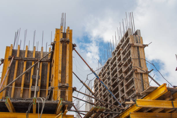 Concrete formwork during the construction of a new building. Reinforced concrete building construction