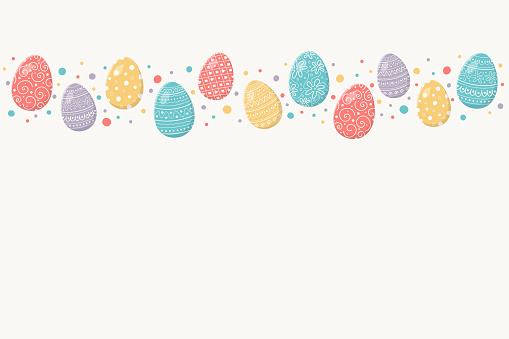 Colourful Easter banner with decorative eggs. Postcard with copyspace. Vector