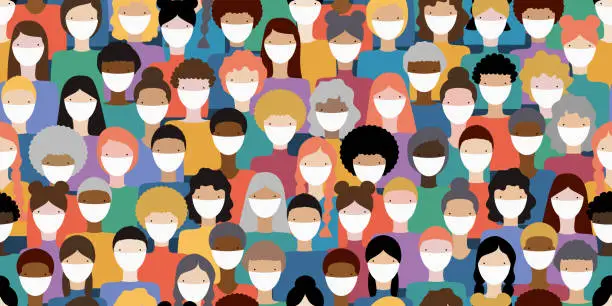 Vector illustration of Illustration of diverse crowd of people wearing medical masks for prevention of virus transmission. New corona virus COVID-19 concept. Vector seamless pattern.