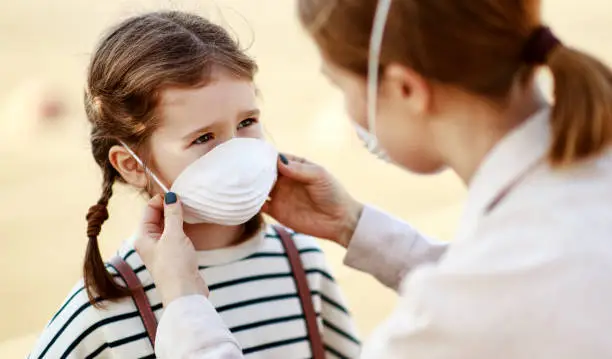 Photo of Mother putting on medical mask on daughter