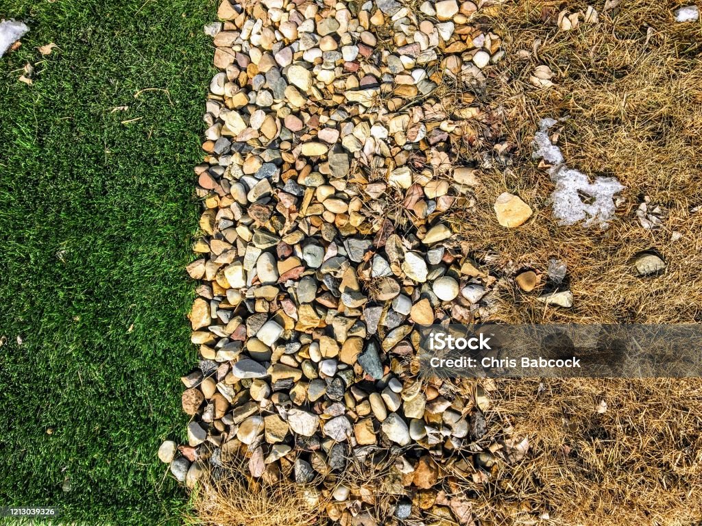 An overhead view of an artificial synthetic lawn beside in comparison to real natural grass in winter.  The artificial lawn looks much nicer. Artificial Stock Photo