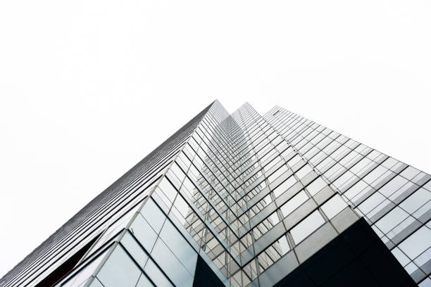 istock Low angle view of modern office building, skyscrapers, background with copy space 1213041463