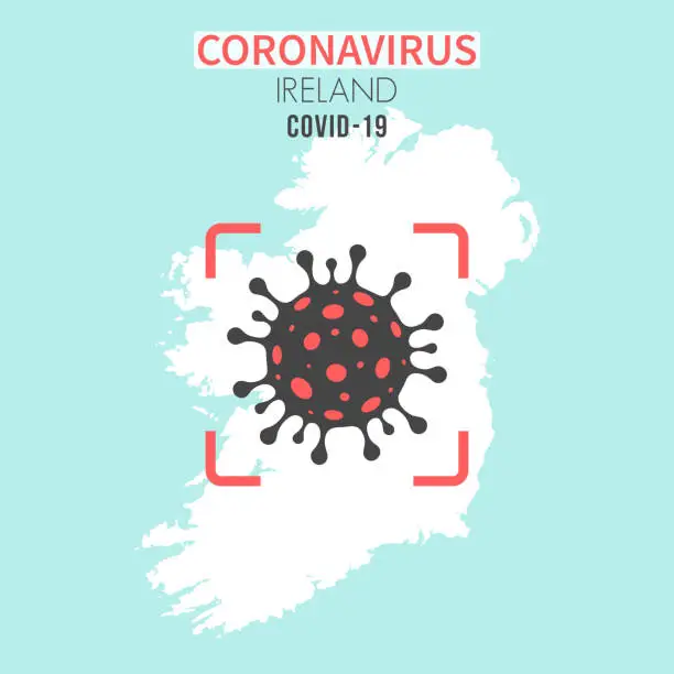 Vector illustration of Ireland map with a coronavirus cell (COVID-19) in red viewfinder