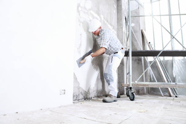 istock plasterer man at work with trowel plastering the wall of interior construction site wear helmet and protective gloves, scaffolding on background and copy space on white wall 1213044904